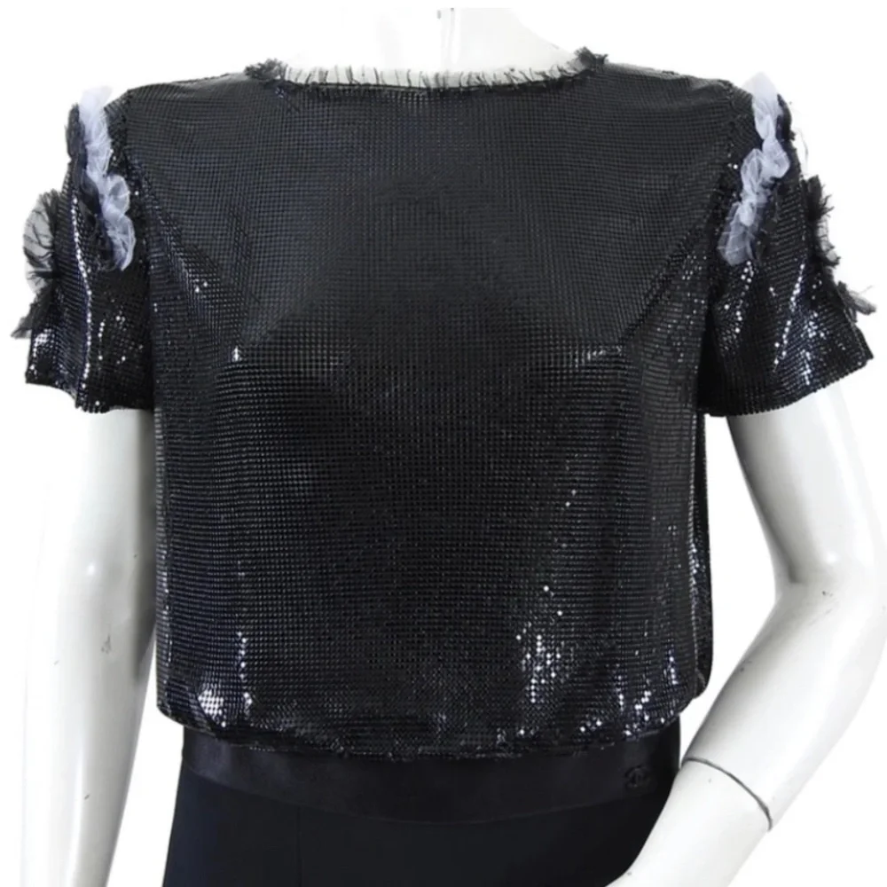 Circa Chanel 2008 Runway Sequin Black Silk top Sz 38 - Picture 5 of 13